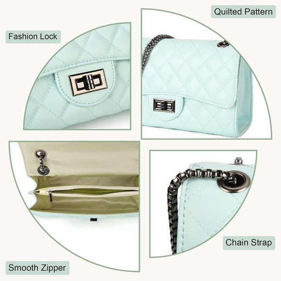 Women Light BluePU Quilted Stylish Crossbody Bag with Chain Strap & Flap Closure - Picture 5 of 6